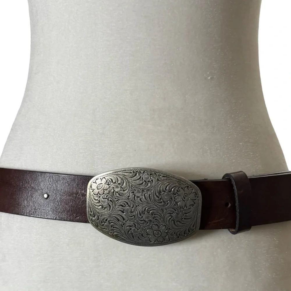 Vintage 90s Leather Statement Belt Western Festival Rodeo Silver Buckle Brown - Picture 1 of 13